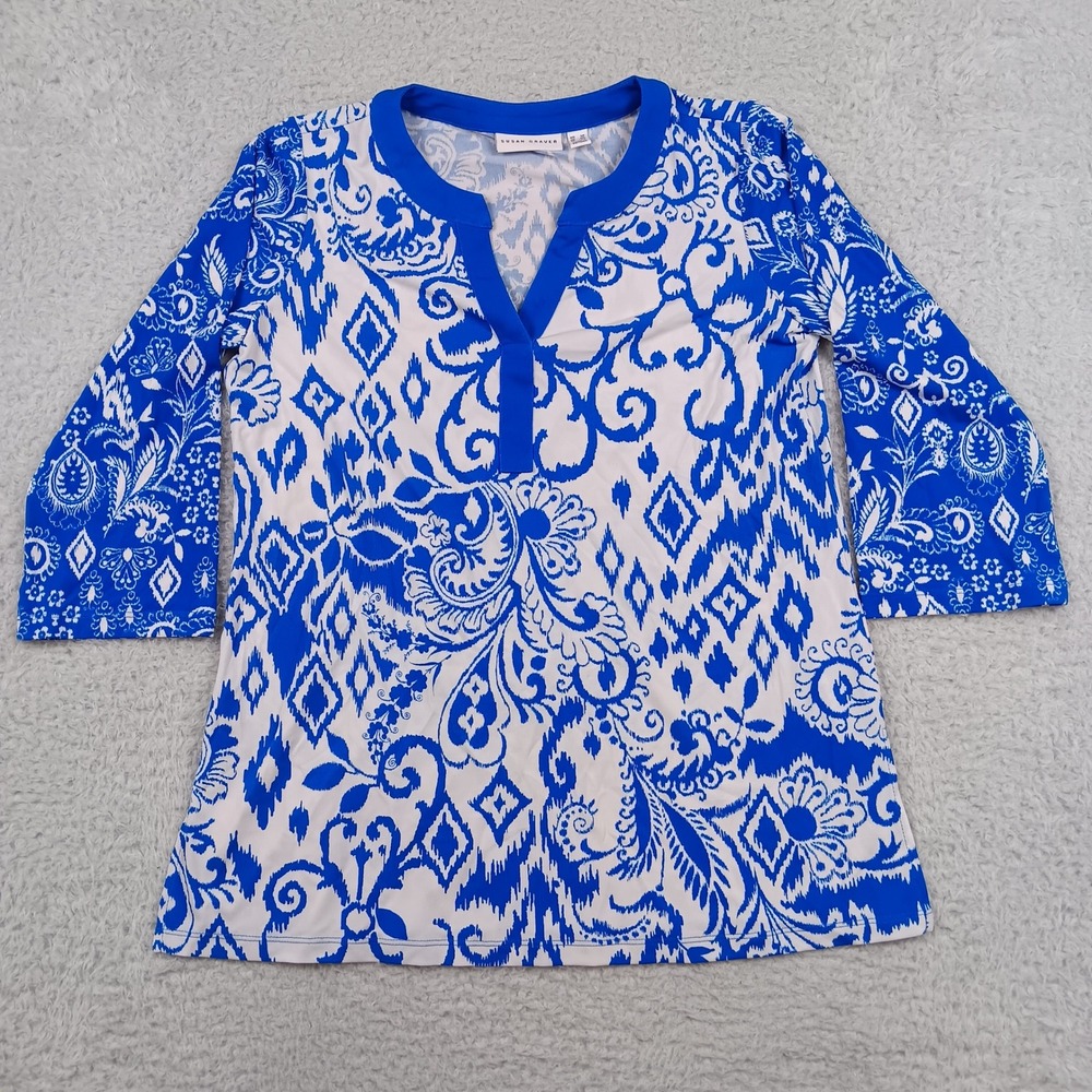 Susan Graver Tunic Top Women SP Blue White Ikat Damask Split Neck 3/4 Sleeve